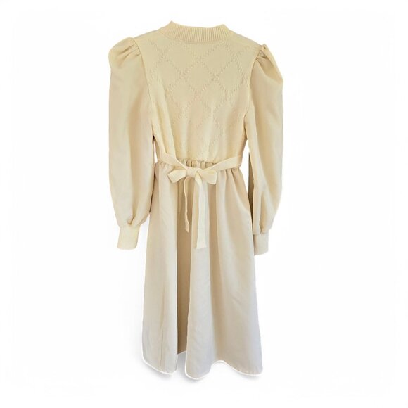 Vintage Sweater Top Knit Dress Cream with Floral Embroidery Pearl Buttons Midi - Picture 2 of 7